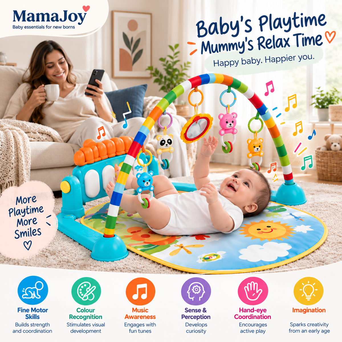 MamaJoy Piano Activity Gym mat and piano panel, suitable for babies 0 to 2 years