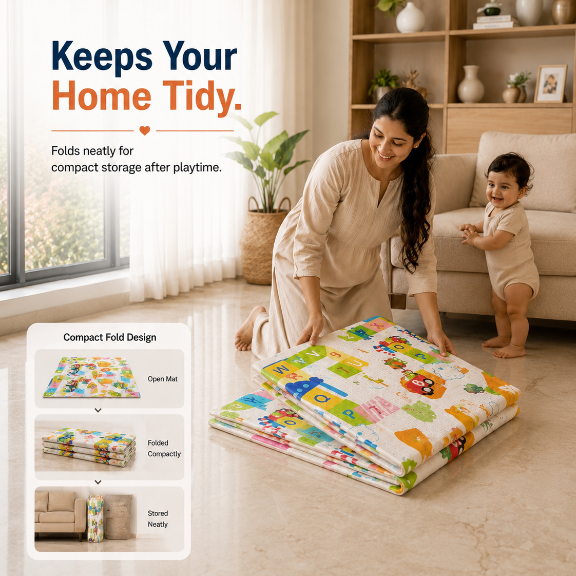 Mamajoy foldable baby play mat showing compact folding for convenient storage after playtime