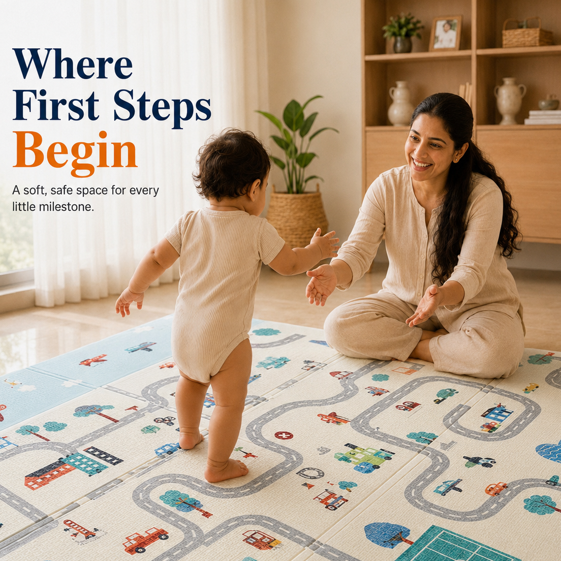 Mamajoy baby play mat creating a soft, spacious play area for a toddler taking first steps.