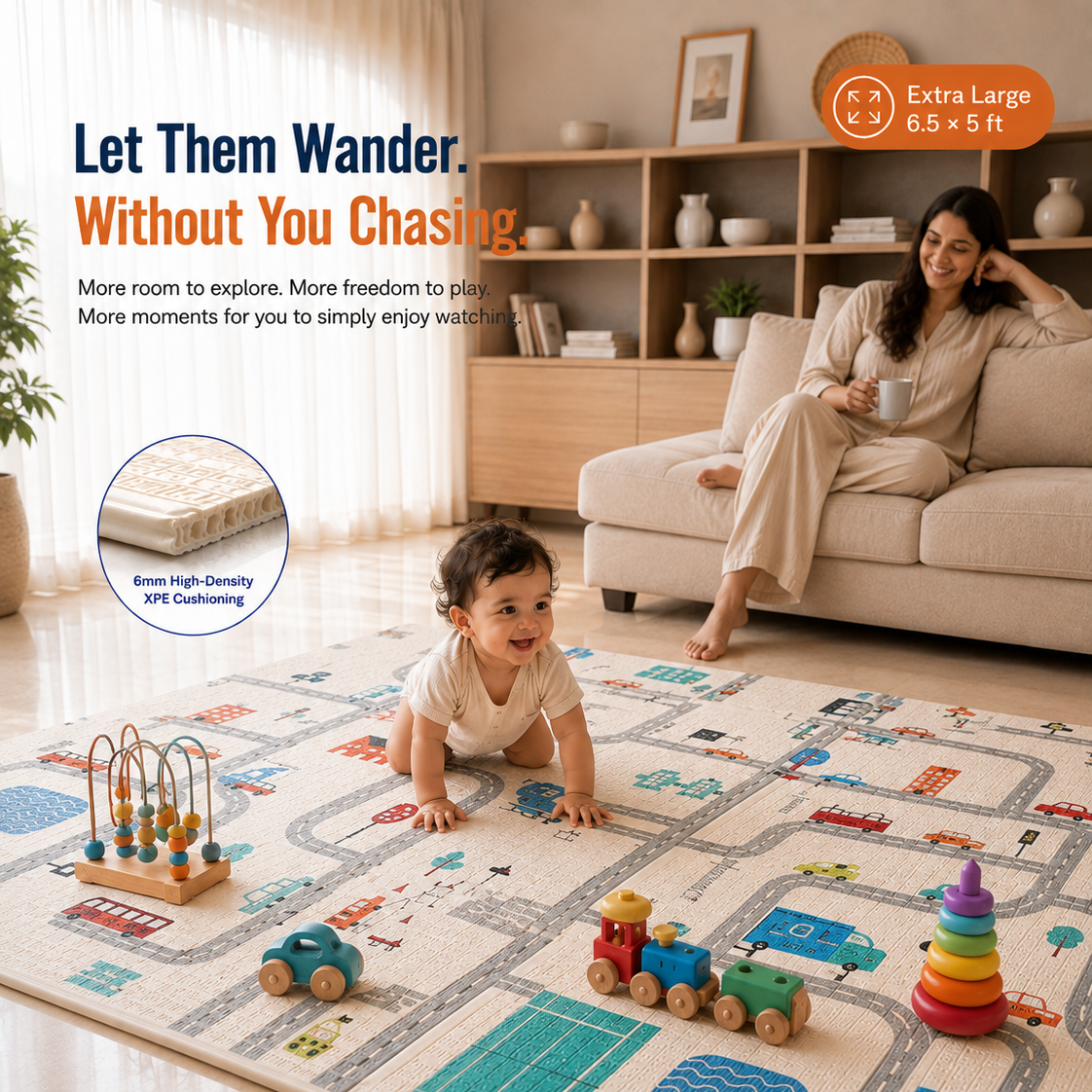 Mamajoy extra-large 6.5 x 5 ft baby play mat with 6mm XPE cushioning and spacious road-themed play area