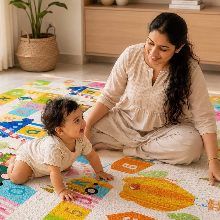 Mamajoy baby play mat with mother and baby enjoying playtime on a spacious cushioned floor mat