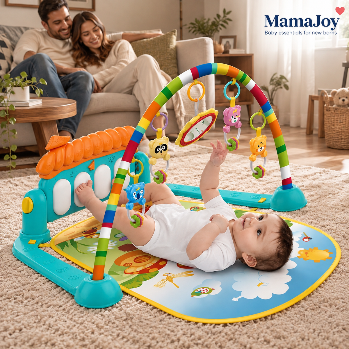 MamaJoy Piano Activity Gym baby play mat with toy arch, piano panel and hanging toys