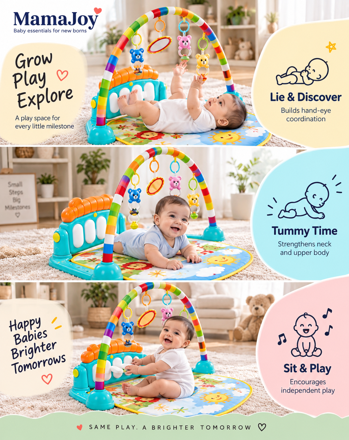 MamaJoy Piano Activity Gym play mat set up for tummy time with a hoop and toy arch overhead