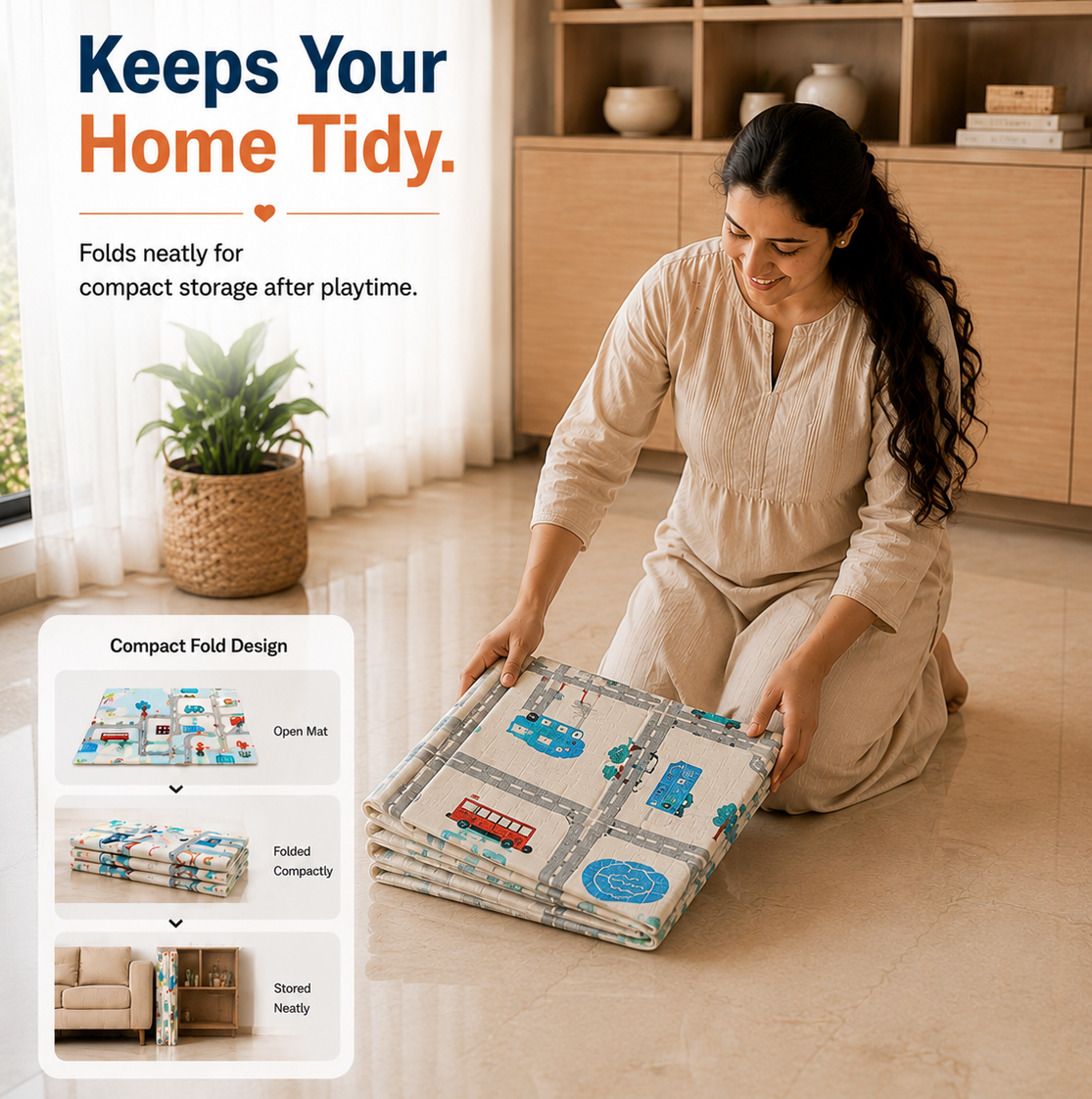 Mamajoy foldable baby play mat showing compact folding and easy storage after playtime