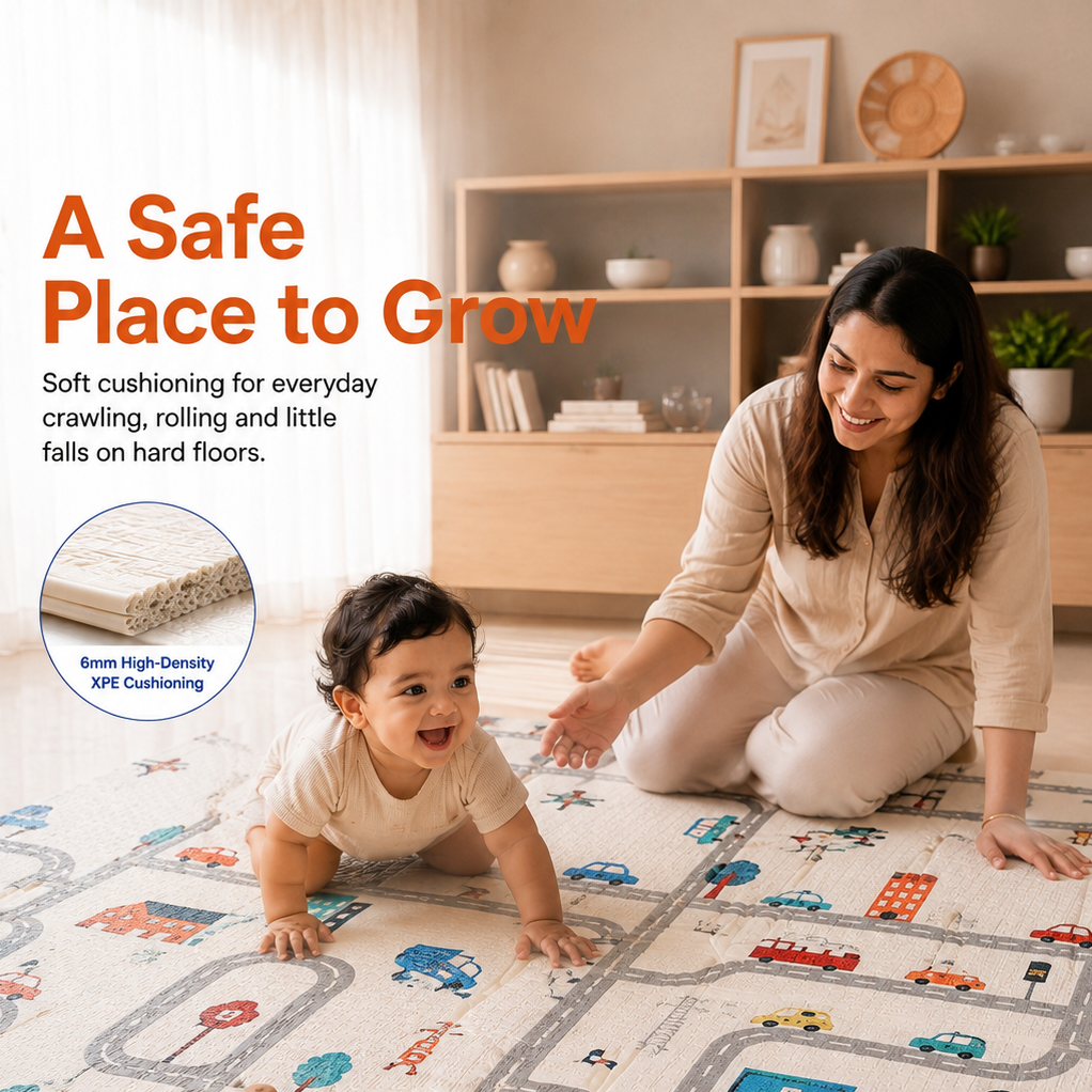 Mamajoy cushioned baby play mat providing a soft space for crawling, rolling and everyday play on hard floors