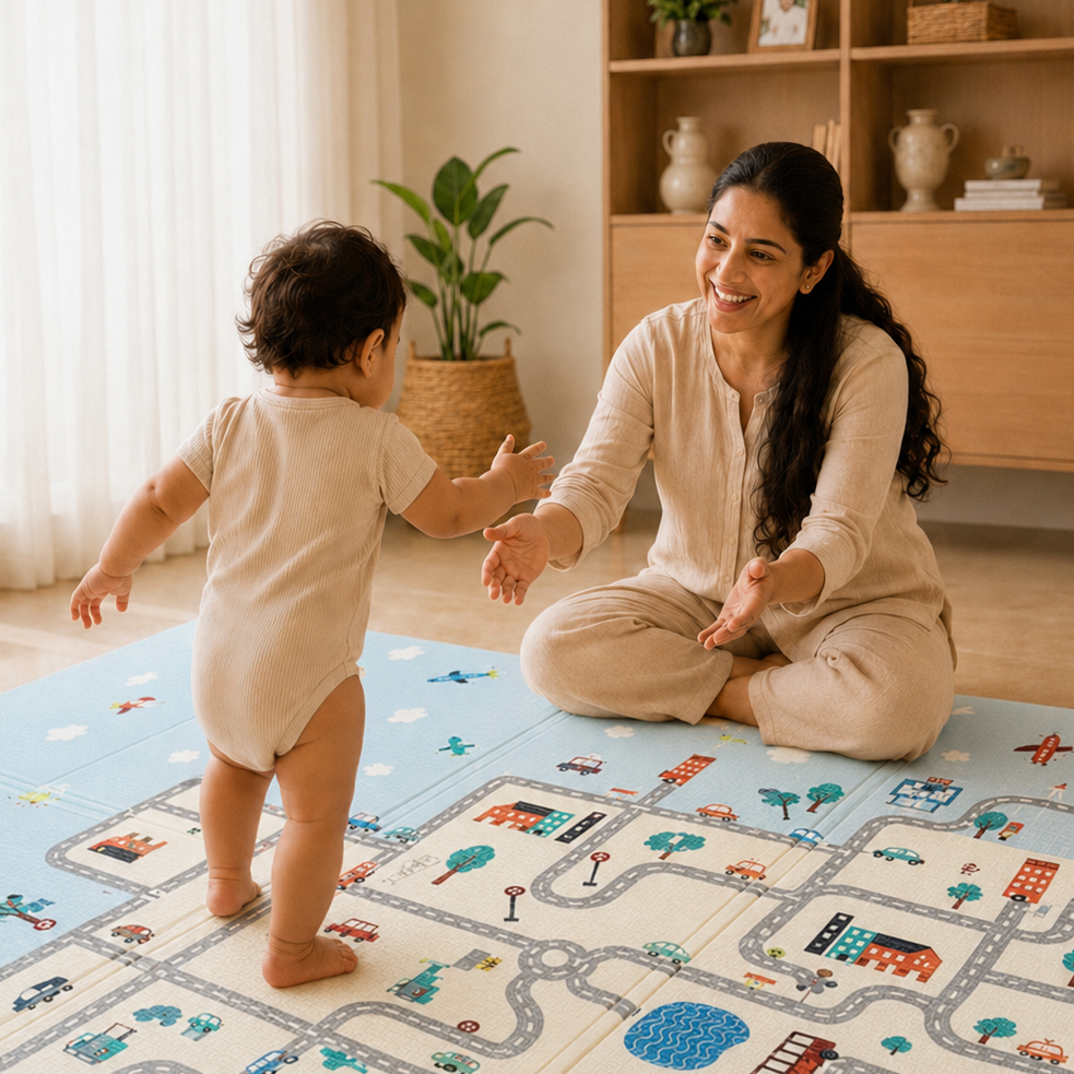 Mamajoy baby play mat with mother and baby playing together on a colorful road-themed cushioned baby play floor mat