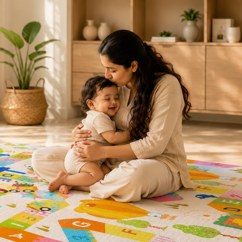 A baby playing on a soft MamaJoy mat in a sunlit living room
